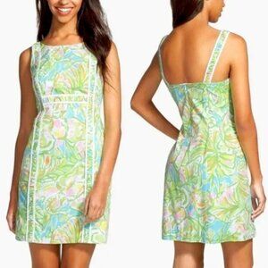Lilly Pulitzer Fryer Elephant Ears Cotton Green Pink Poplin Shift Dress 12 Fits